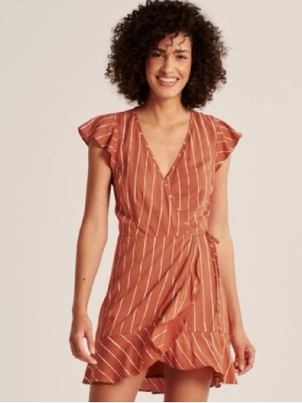 ABERCROMBIE & FITCH Rust Red Cream Stripe Wrap Dress Flutter Sleeve Size Small
